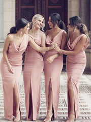 Sleeveless Pink Long Satin Bridesmaid Dress with Split (BMA20139)