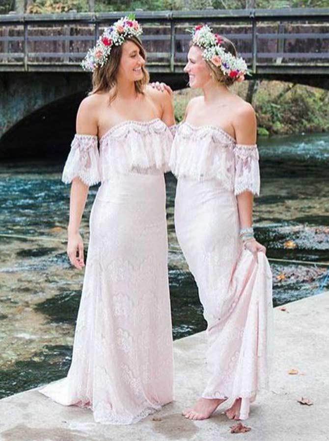 Off-the-Shoulder Pearl Pink Bridesmaid Dress with Lace Ruffles  (BMA20154)