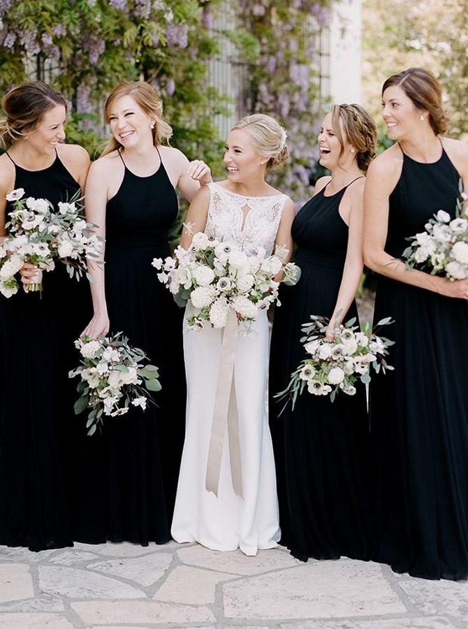 Halter Round Neck Sleeveless Floor Length Black Chiffon Bridesmaid Dress BMA20163