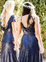 Round Neck Navy Blue Sequined Long Bridesmaid Dress (BMA20108)