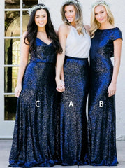 Round Neck Navy Blue Sequined Long Bridesmaid Dress (BMA20108)