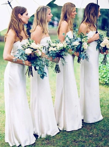 Spaghetti Straps Floor Length White Sleeveless Satin Bridesmaid Dress (BMA20142)