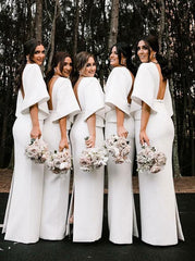 Sheath V-Neck Floor Length White Satin Bridesmaid Dress with Long Sleeves (BMA2020L)