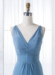 Sheath V-Neck Floor Length Blue Chiffon Bridesmaid Dress (BMA207L)