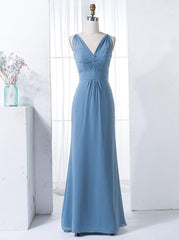 Sheath V-Neck Floor Length Blue Chiffon Bridesmaid Dress (BMA207L)