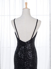 Sheath Spaghetti Straps Floor Length Black Sequined Bridesmaid Dress (BMA208L)