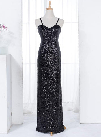 Sheath Spaghetti Straps Floor Length Black Sequined Bridesmaid Dress (BMA208L)