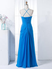 Sheath Spaghetti Straps Ruched Blue Chiffon Bridesmaid Dress with Beading (BMA209L)