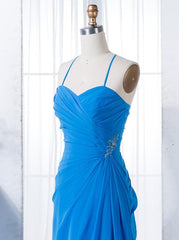 Sheath Spaghetti Straps Ruched Blue Chiffon Bridesmaid Dress with Beading (BMA209L)