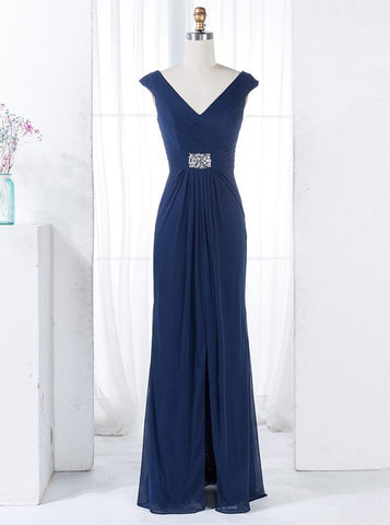 Sheath V-Neck Navy Blue Chiffon Bridesmaid Dress with Beading Split (BMA2010L)