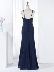 Sheath Spaghetti Straps Floor Length Ruched Navy Lace Bridesmaid Dress (BMA2011L)