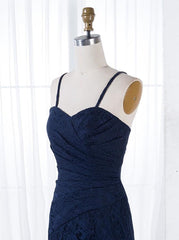 Sheath Spaghetti Straps Floor Length Ruched Navy Lace Bridesmaid Dress (BMA2011L)