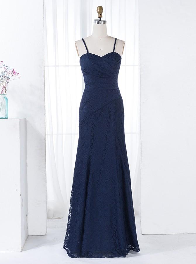 Sheath Spaghetti Straps Floor Length Ruched Navy Lace Bridesmaid Dress (BMA2011L)