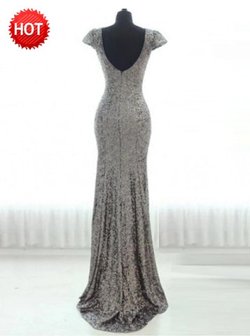 Sheath Scoop Cap Sleeves Silver Sequined Bridesmaid Dress (BMA20104)