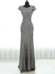 Sheath Scoop Cap Sleeves Silver Sequined Bridesmaid Dress (BMA20104)