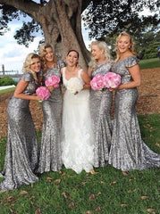 Sheath Scoop Cap Sleeves Silver Sequined Bridesmaid Dress (BMA20104)