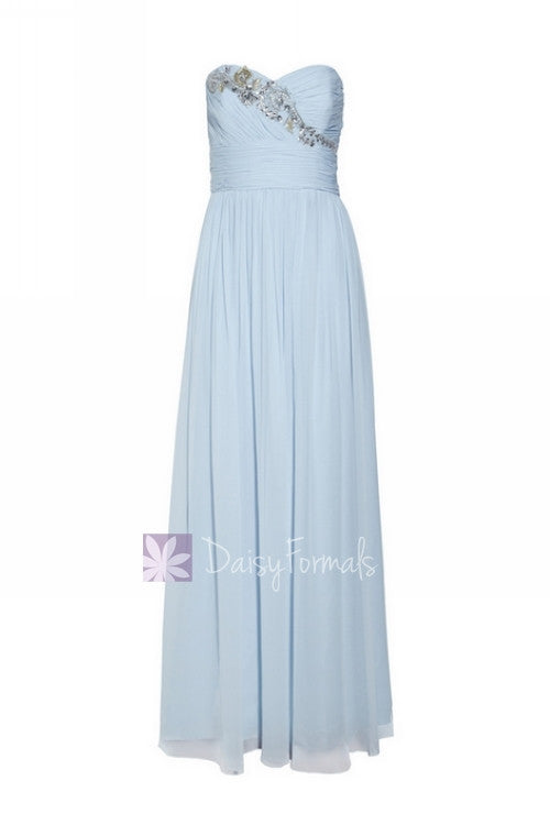 Vintage blue elegant chiffon dress cloudy prom dress strapless beaded formal evening dress (natalie)