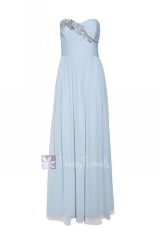 Vintage Blue Chiffon Dress Cloudy Prom Dress Strapless Beaded Evening Dress (Natalie)