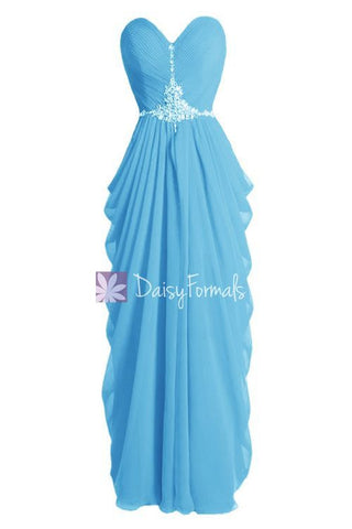 Beaded Blue Chiffon Dress Beach Wedding Dress Long Sweetheart Bridesmaid Dress(PR72168)