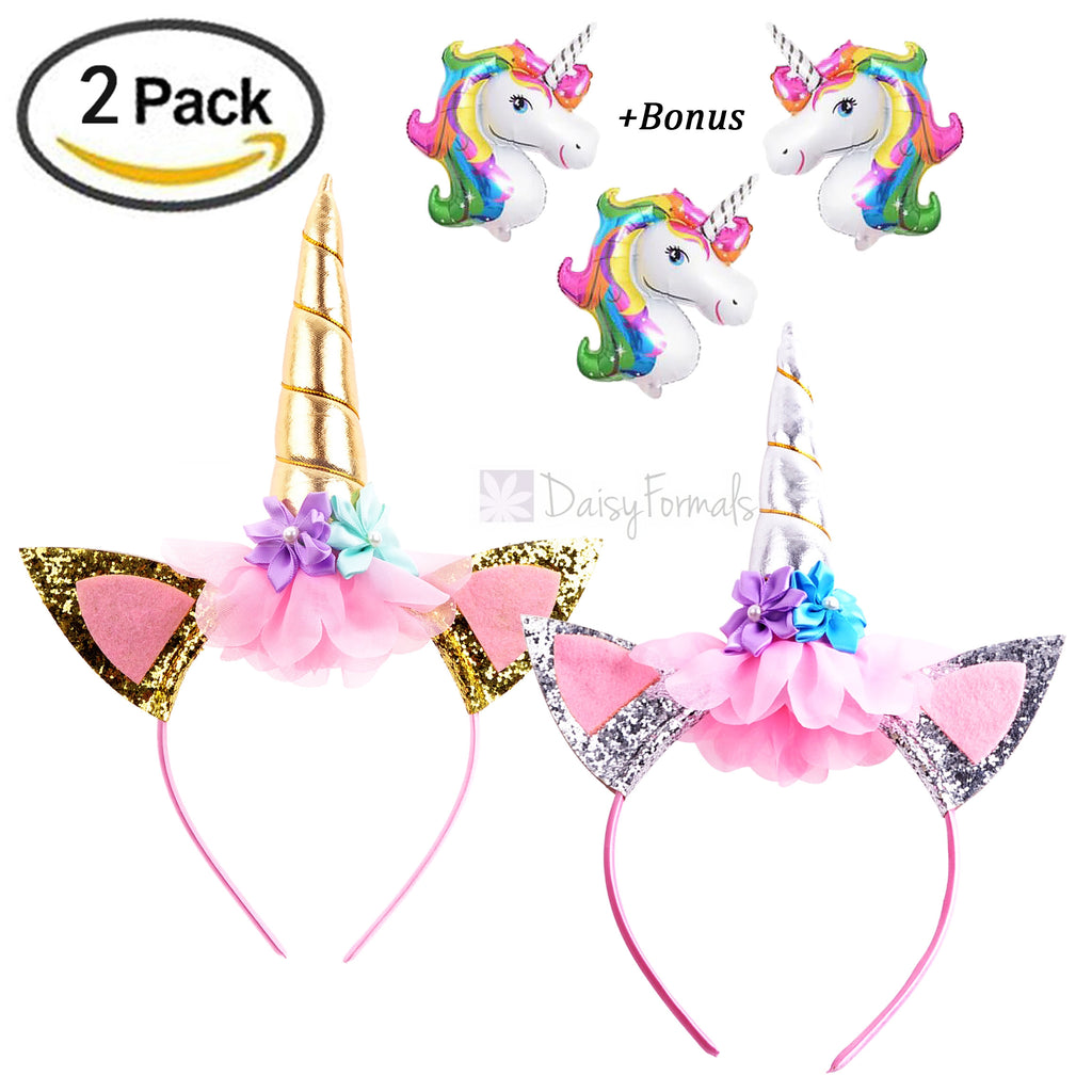 DaisyFormals 2 PCS Gold and Silver Unicorn Headbands Flowers Ears Headbands for Photo Props, Girls Kids Adults Cosplay Costume Holiday Party, Free Bonus- 3 Unicorn Ballons