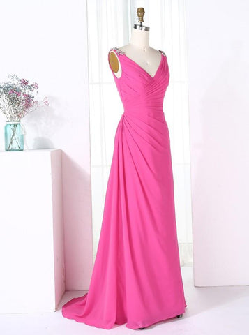 Sheath V-Neck Half Sleeves Fuchsia Chiffon Beaded Long Bridesmaid Dress with Beading (BMA201A)