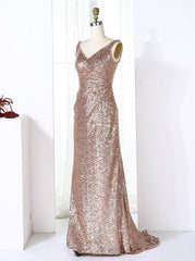 Sheath V-Neck Sweep Train Ruched Champagne Sequined Bridesmaid Dress (BMA204L)