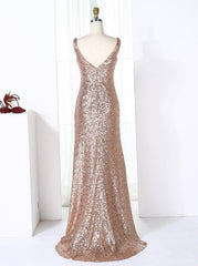 Sheath V-Neck Sweep Train Ruched Champagne Sequined Bridesmaid Dress (BMA204L)