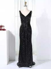 Sheath Sweep Train Black Ruched Sequined Bridesmaid Dress with V-neck (BMA205L)