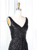 Sheath Sweep Train Black Ruched Sequined Bridesmaid Dress with V-neck (BMA205L)