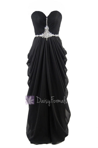 Delicate Floor Length Black Chiffon Dress Beaded Sweetheart Beach Wedding Dress(PR72168)