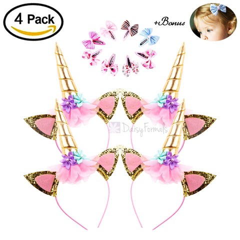 DaisyFormals 4 PCS Shining Gold Glitter Unicorn Horn Headbands Flowers Ears Headbands for Party Decoration or Cosplay Costume, Free Bonus- 8 PCS Hair Clips