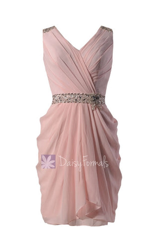 Blush Pink Party Dress Beaded V-Neck Pink Chiffon Bridesmaid Dress Short Pink Prom Dress (BM875)