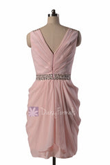 Blush pink party dress beaded v-neck pink chiffon bridesmaid dress short pink formal prom dresses (bm875)