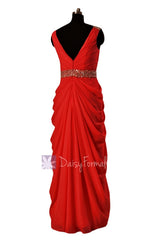 In stock,ready to ship - long beaded v-neck red chiffon bridesmaid dresses(bm876l) - (#8 red, sz14)
