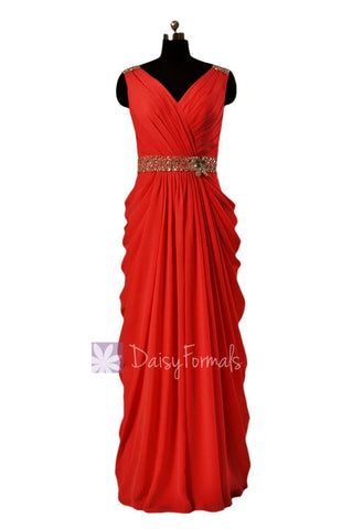 In stock,Ready to Ship - Long Beaded V-Neck Red Chiffon Bridesmaid Dress(BM876L) - (#8 Red, Sz14)