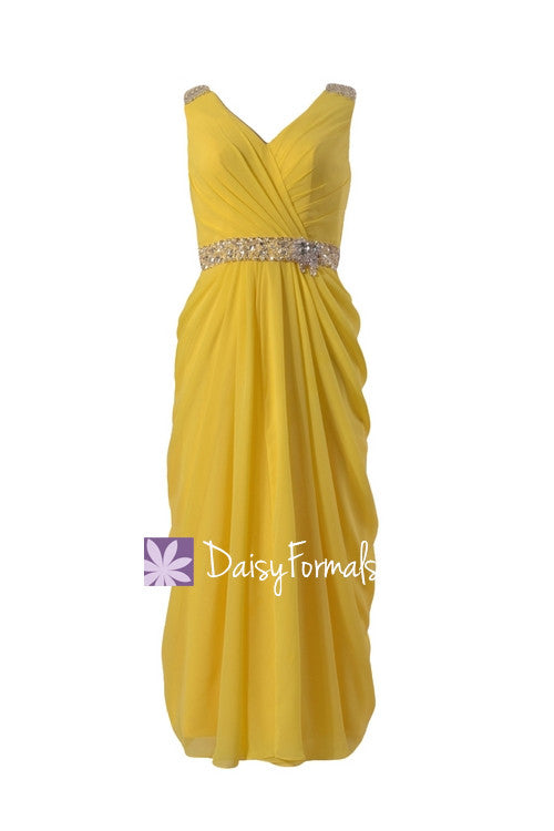 Lemon Yellow Chiffon Evening Dress Tea Length Bridal Party Dress