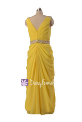 Lemon yellow chiffon evening dress,tea length bridal party dresses,maid of honor dresses (bm876t)