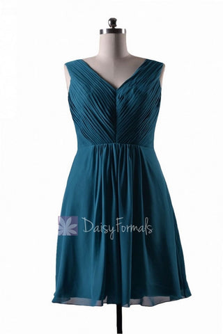 In stock,Ready to Ship - Short V-Neck Rich Teal Bridesmaid Dress(BM5194S) - (Rich Teal)