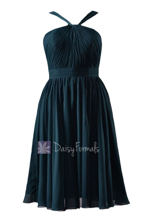 In stock,ready to ship - short knee length rich peacock chiffon bridesmaid dress(bm5195s) - (rich peacock, sz12)