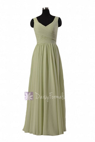 In stock,Ready to Ship - Long V-Neck Green Chiffon Bridesmaid Dress(BM5196L) - (#33 Tea Green, Sz10)