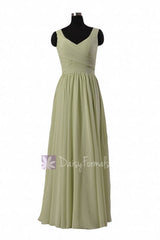 In stock,ready to ship - long v-neck green chiffon bridesmaid dress(bm5196l) - (#33 tea green, sz10)