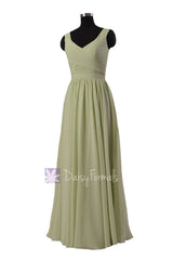 In stock,ready to ship - long v-neck green chiffon bridesmaid dresses(bm5196l) - (#33 tea green, sz10)