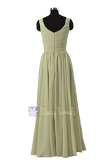 In stock,Ready to Ship - Long V-Neck Green Chiffon Bridesmaid Dress(BM5196L) - (#33 Tea Green, Sz10)