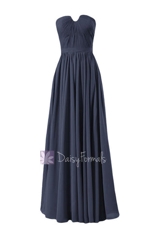 In stock,Ready to Ship - Long Navy Blue Chiffon Bridesmaid Dress W/Inserted V-Neckline(BM10823L) - (#35 Navy, Sz12)
