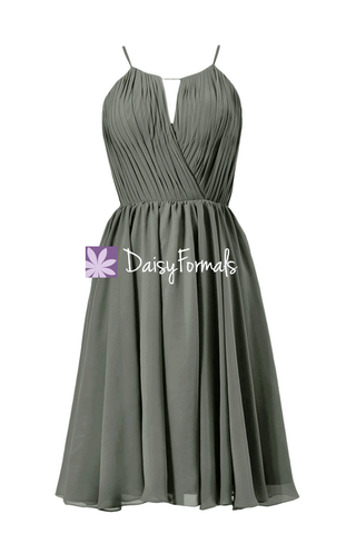 In stock,Ready to Ship - Short Gray Chiffon Bridesmaid Dress W/Scoop Neck(BM10826S) - (#53 Dark Gray, Sz2)