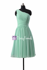 Hot! mint one-shoulder chiffon homecoming dress affordable knee length bridesmaid dress(bm351)