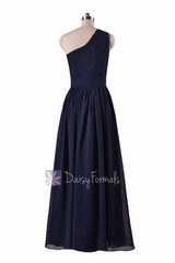 In stock,Ready to Ship -Navy Blue One-Shoulder Long Party Dress Chiffon Bridesmaid Dress(BM122) - (#35 Navy, Sz6)