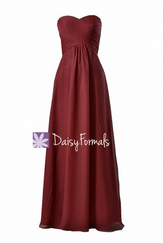 Cranberry Chiffon Bridal Party Dress Long Strapless Sweetheart Formal Dress Evening Gowns(BM2442)