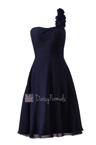 In stock,Ready to Ship - Short One Shoulder Navy Bridesmaid Dress(BM10358) - (#35 Navy, Sz6)