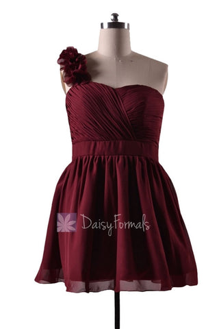In stock,Ready to Ship - Plus Size Red One Shoulder Mini Length Chiffon Bridesmaid Dress(BM223N) - (Falu Red)